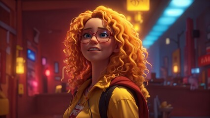 Radiant Commute: A cheerful young woman with vibrant curly hair and glasses embarks on her journey in a softly lit urban environment, representing the zest of life's daily adventures.