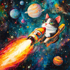 A cat piloting a rocket through a vibrant, starry sky, with planets and comets in the background