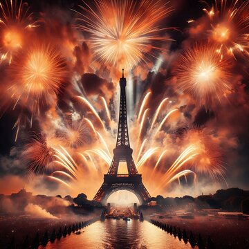 new year in Paris fireworks around Eiffel tower
