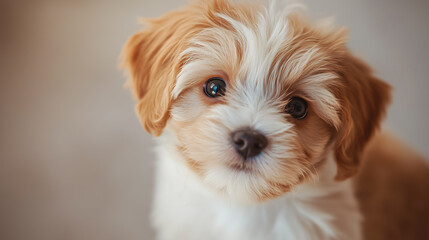 A cute and fluffy Maltipoo Havanese puppy with white fur, black eyes, orange ears, and brown body is captured in close-up against the backdrop of light beige walls