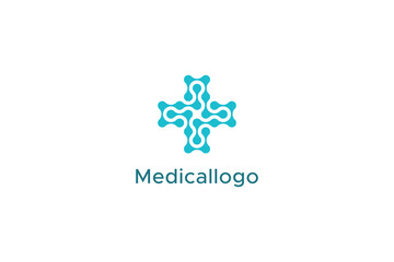 Healthcare Medical Logo Image. Blue Geometric Cross Sign Health Icon Linked Dots Style isolated on White Background. Flat Vector Logo Design Template Element usable for Hospital and Clinic Logos.