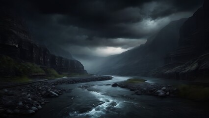 Obraz premium Dark clouds above the river