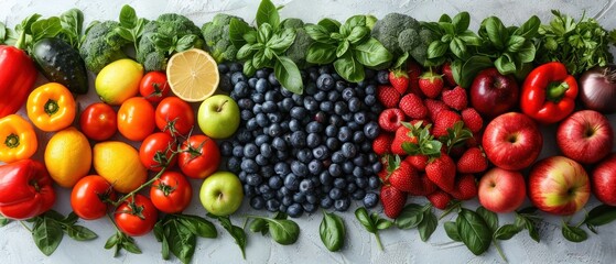 Fresh organic produce, white background, natural lighting, spacious copy area