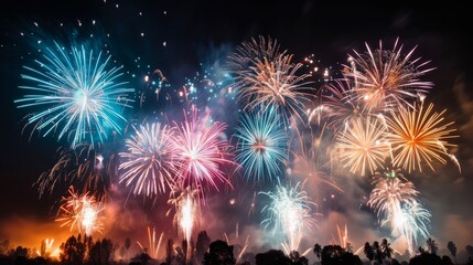 Colorful Fireworks Display Over a Horizon During Nighttime Celebration