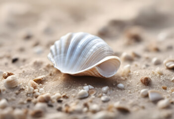 A close-up of various seashells, featuring a large scallop shell with intricate ridges and a smooth interior, surrounded by smaller shells and pebbles, all set against a soft, blurred background.