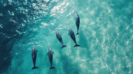 Obraz premium Majestic pod of dolphins gliding through pristine, crystal-clear ocean waters, captured from above in stunning detail.