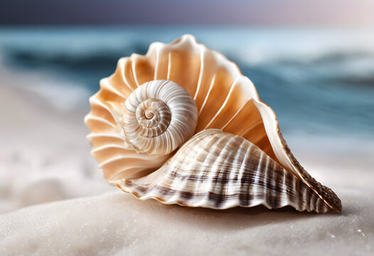 A close-up of various seashells, featuring a large scallop shell with intricate ridges and a smooth interior, surrounded by smaller shells and pebbles, all set against a soft, blurred background.