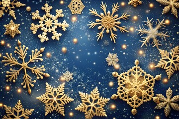 Christmas background with glitter snowflakes and falling particles. Merry Christmas and Happy New Year banner. Luxury festive greeting card. Sparkling golden snowflakes. Panoramic Christmas background