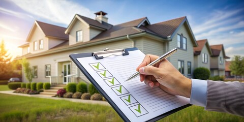 A hand holds a checklist with a complete check mark, symbolizing a successful home buying process, highlighting a professional and organized approach to real estate transactions.