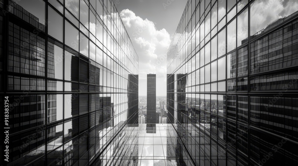 Wall mural A black and white image of a modern cityscape reflected in glass buildings, symbolizing urban development, progress, technology, and ambition.