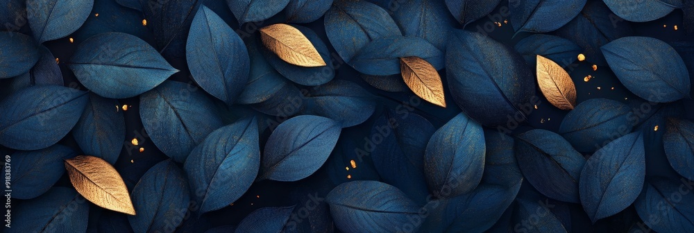 Canvas Prints A beautiful, abstract background featuring blue leaves with a few gold leaves scattered amongst them, symbolizing hope, change, wealth, and nature.