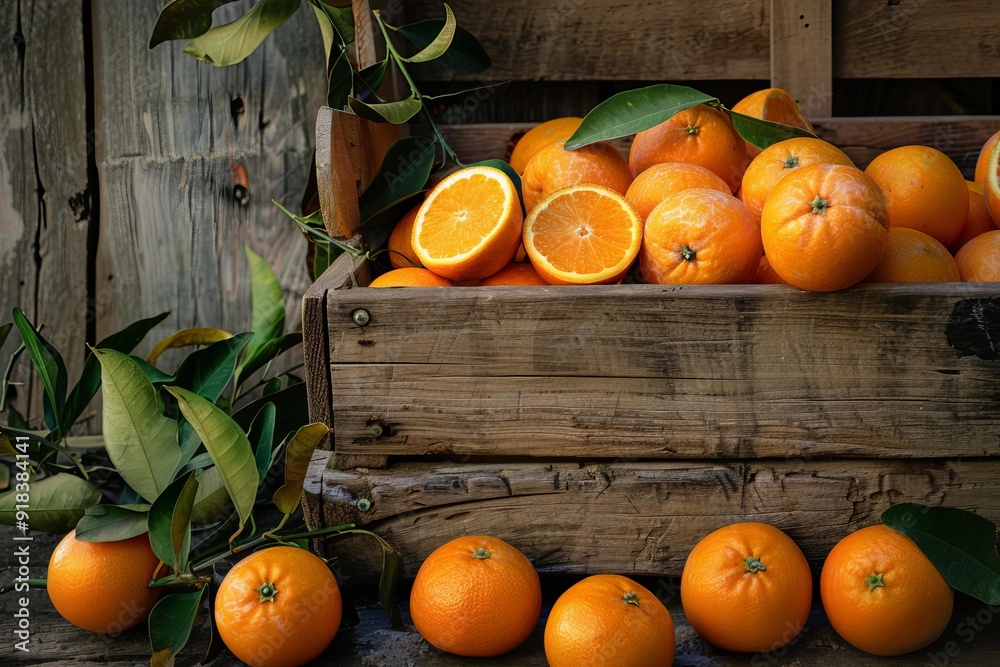 Wall mural vibrant display of fresh oranges with leaves in an antique wooden box against a rustic backdrop