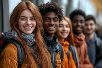 Fototapeta premium Group Of First Year Students, Happy Multiethnic Young People And Smiling At Camera