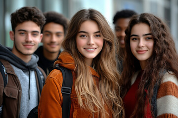 Fototapeta premium Group Of First Year Students, Happy Multiethnic Young People And Smiling At Camera