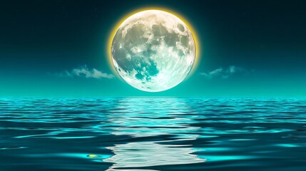 A full moon over the ocean at night with a reflection in the water