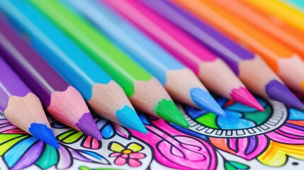 Obraz premium A row of colorful pencils are lined up on a colored line art pattern in coloring book page.