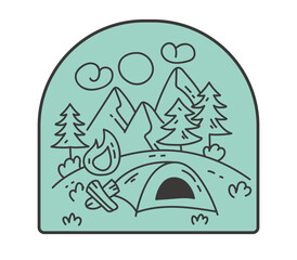 Camp forest tourism badge logotype silhouette concept. Vector graphic design cartoon illustration