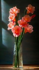 A vase filled with pink flowers sitting on top of a table