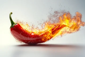 A red hot chili pepper with fire coming out of it