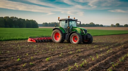 Obraz premium Concept photo shoot of red and white old tractor in field 