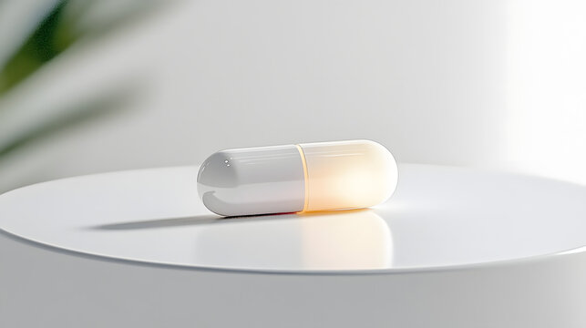 Single Zonisamide capsule on white surface, reflecting light.