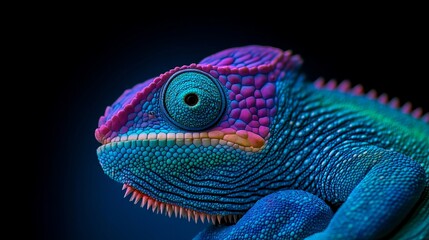 A close up of a chameleon on a black background