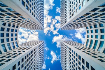 A group of tall buildings with a blue sky in the background