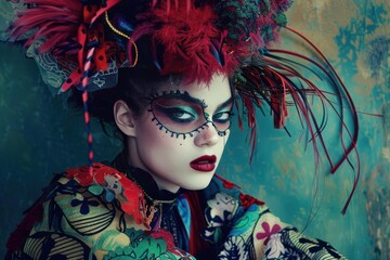Portrait of a mysterious performer in vibrant carnival attire and dramatic makeup against an artistic backdrop