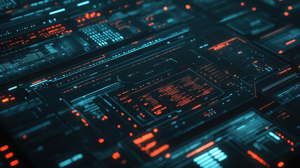 An image showcasing multiple layers of data processing and interface screens, arranged in a complex, detailed manner against a dark background.