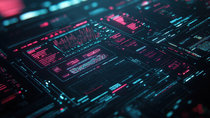 An image showcasing multiple layers of data processing and interface screens, arranged in a complex, detailed manner against a dark background.