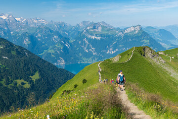 The Stoos hike in summer offers breathtaking views of the Swiss Alps, lush green meadows, and...