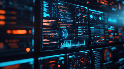 An image showcasing multiple layers of data processing and interface screens, arranged in a complex, detailed manner against a dark background.
