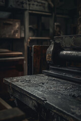 Vintage Industrial Printing Press in Dimly Lit Workshop