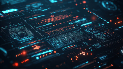An image showcasing multiple layers of data processing and interface screens, arranged in a complex, detailed manner against a dark background.