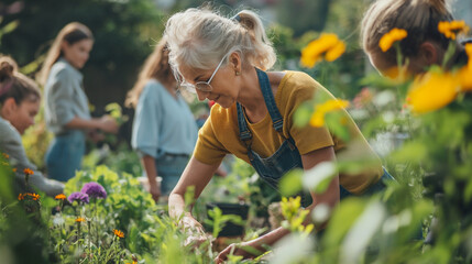 Obraz premium Group of people gardening together in a lush community garden
