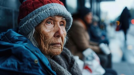 Obraz premium Lonely homeless woman with a weathered face, empty sidewalk, life s hardships
