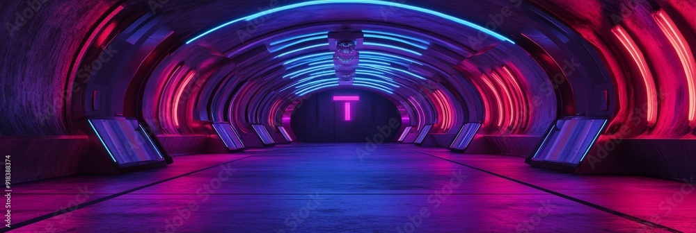 Sticker A futuristic tunnel lit by neon lights, the pink and blue colors create a vibrant and mysterious atmosphere, symbolizing a passage, a portal to the future, a gateway to a different world, and an invit