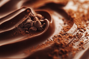 Close up shot of chocolate ice cream with cocoa powder and chocolate chips.