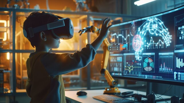 A child wearing virtual reality glasses is sitting at a table and raising his hand to touch the holographic mechanical arm in front of him. There is a blue digital data floating above the arm. in movi