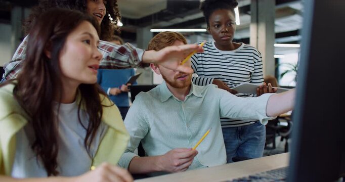 Moment of interns listening carefully to experienced manager or salesman. Man teaching students about company policies and importance of some principals. Everyone asking questions out of curiosity.