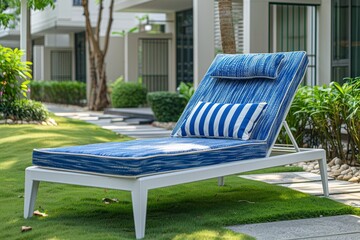 Blue and white outdoor sunbed with a striped pillow on the lawn of an apartment complex in Thailand, captured in professional photography style.