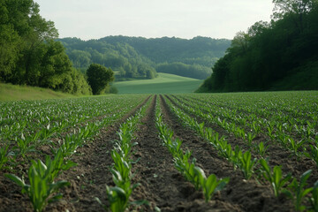 Fototapeta premium Corn field in the valley, Agriculture farm in countryside mountain
