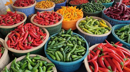 Fototapeta premium Colorful chili varieties at the largest community market