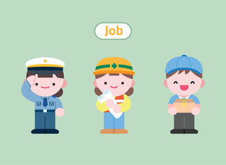 귀여운 직업 윤곽선 일러스트 세트: 경찰관, 엔지니어, 택배원