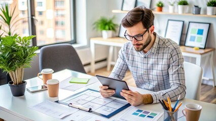 Modern designer creating sleek mobile app and website wireframes on a digital tablet, surrounded by design tools and papers, in a trendy office environment.