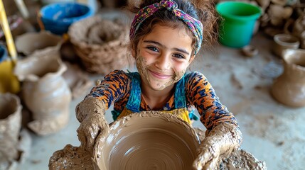 Artisanal pottery workshop, potter at wheel, finished ceramics