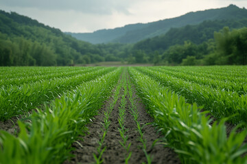 Corn field in the valley, Agriculture farm in countryside mountain.