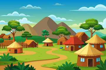 Vector illustration of countryside surrounded by green meadows and trees