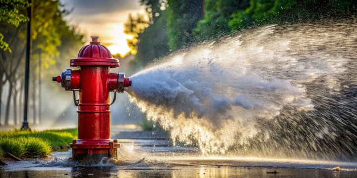 Powerful open fire hydrant sprays water in motion, with a connected hose, creating a dynamic splash, showcasing the force and energy of flowing liquid.