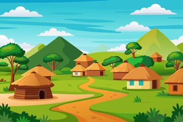 Vector illustration of countryside surrounded by green meadows and trees